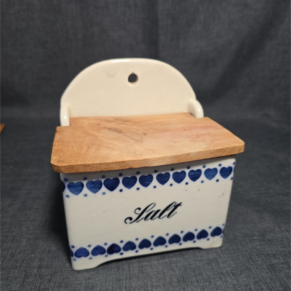 Old German Blue Hearts and White Ceramic Wall Salt Cellar Wood Lid Cottagecore